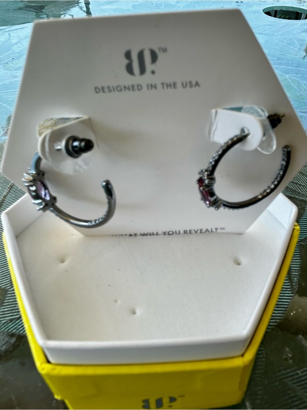 BP OG Hematite plating Hoop Earrings with Dark Rubellite Gem Accents